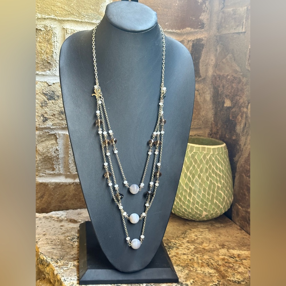 Gold Agate Beaded Triple Strand Necklace